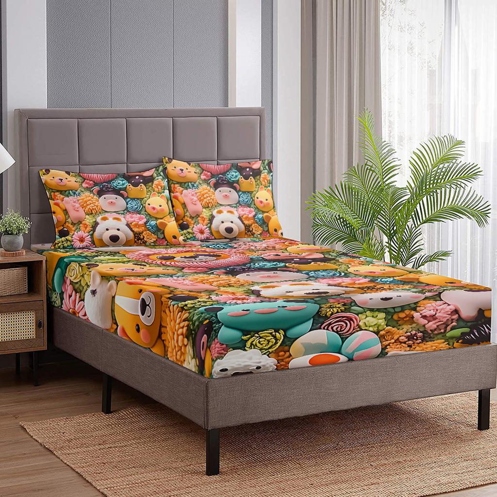 3-teiliges Bettset mit Tonfiguren, farbenfrohe warme Farbe mit 2 Kissenbezügen, geeignet für Wohnzimmer und Schlafzimmer (Tiere, Geschenk)