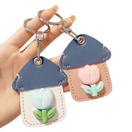 2Pcs Elegant Tulip Key Holder Faux Leather House Shape Keychain