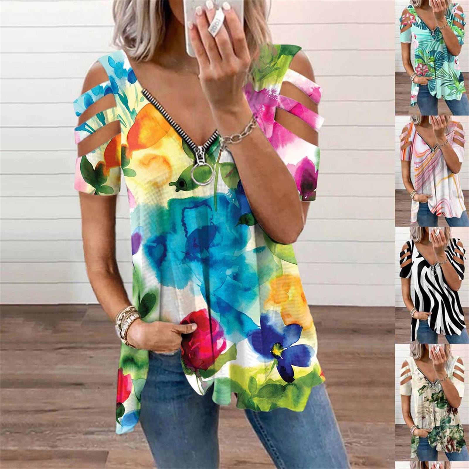 

Модная женская повседневная футболка со свободным воротником на молнии с v-образным вырезом и принтом розы и длинными рукавами