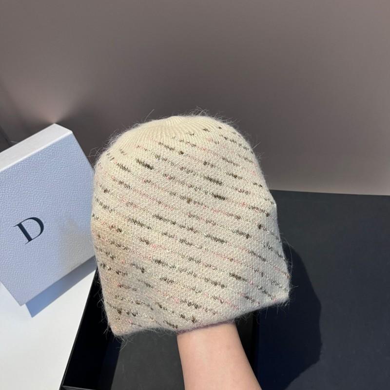 Winter Knit Beanie Rabbit Fur Striped Warm Soft Fashion Small Fragrance Hat Outdoor