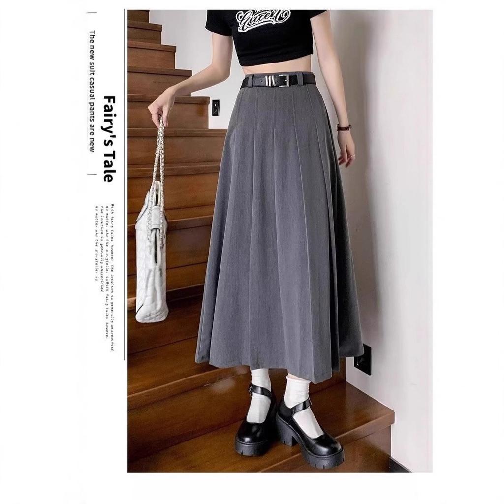 Women's High Waist Gray Pleated Suit A-line Midi Skirt With Free Belt Petite Friendly Slimming Long Skirt 2025 Fall Casual Office Bottomwear