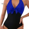 Women Sexy Summer Monokini Halter Deep V-Neck One-piece Swimsuit Patchwork Color Bowknot Decor High Waist Backless Beachwear
