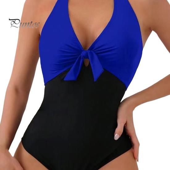 Women Sexy Summer Monokini Halter Deep V-Neck One-piece Swimsuit Patchwork Color Bowknot Decor High Waist Backless Beachwear