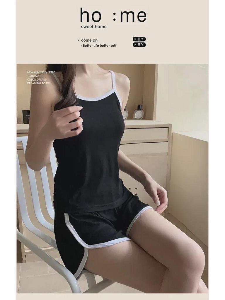 Women's Casual Summer Pajamas with Chest Pads - Suspender Shorts Set