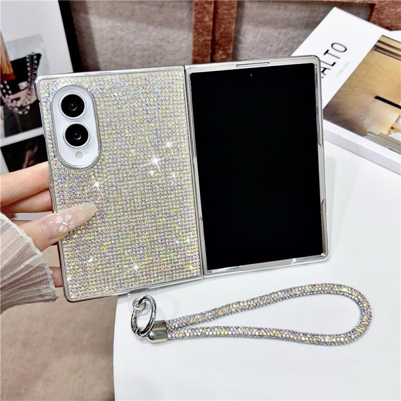 Plně diamantový kryt na telefon Bling pro Samsung Galaxy Z Fold 8 Fold 7 Fold 6 5 4 Fold8 Ultra s třpytivým řemínkem Luxusní pokovený kryt