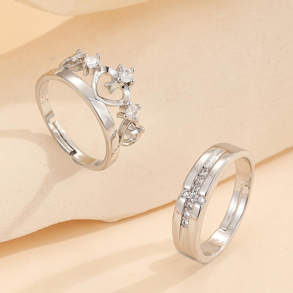 Two Couple Hollow Crown Heart Cubic Zirconia Rings Fashionable Birthday Wedding Valentine's Day Gift Copper Material Adjustable Ring