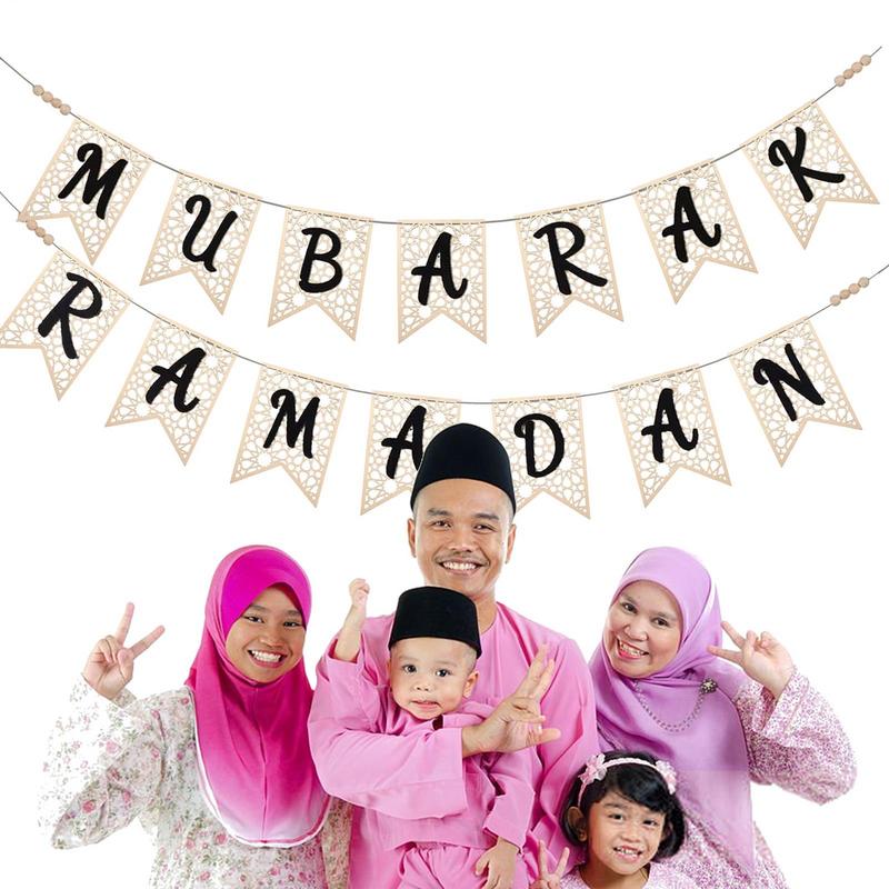 Wooden Ramadan Muslim Decor Banner Pull Flag Ramadan Kareem Hanging Ornaments Wooden Ornaments Eid Mubarak Happy Gift