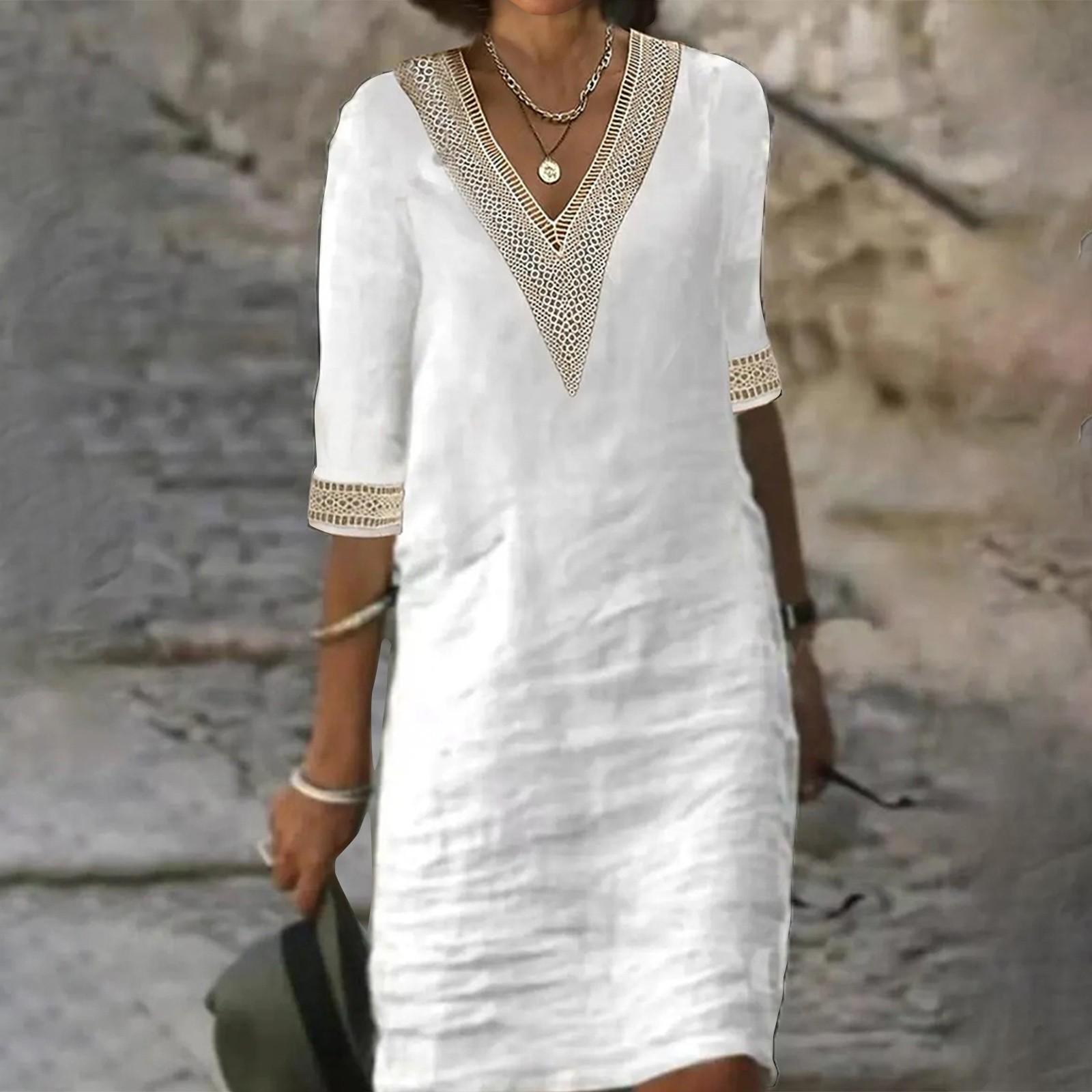 

Женское однотонное хлопково-льняное повседневное платье с v-образным вырезом и кружевом среднего размера S белый