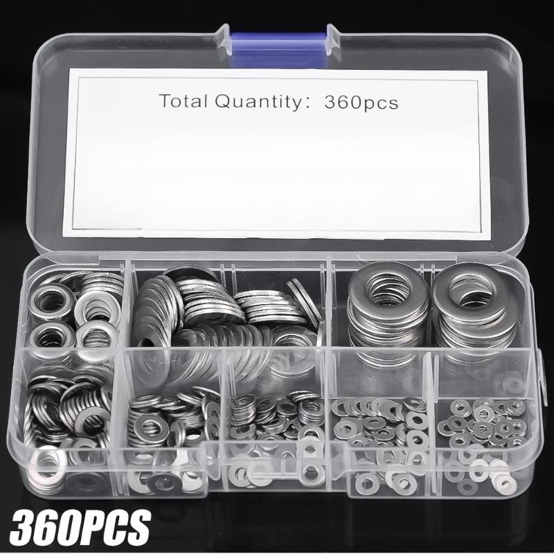 304 Stainless Steel Flat Washer Set M2-M12 Metal Screw Washers Rings Plain Gaskets Fastener Hardware Assortment Kits for Repair, Kitchens, Shops &More