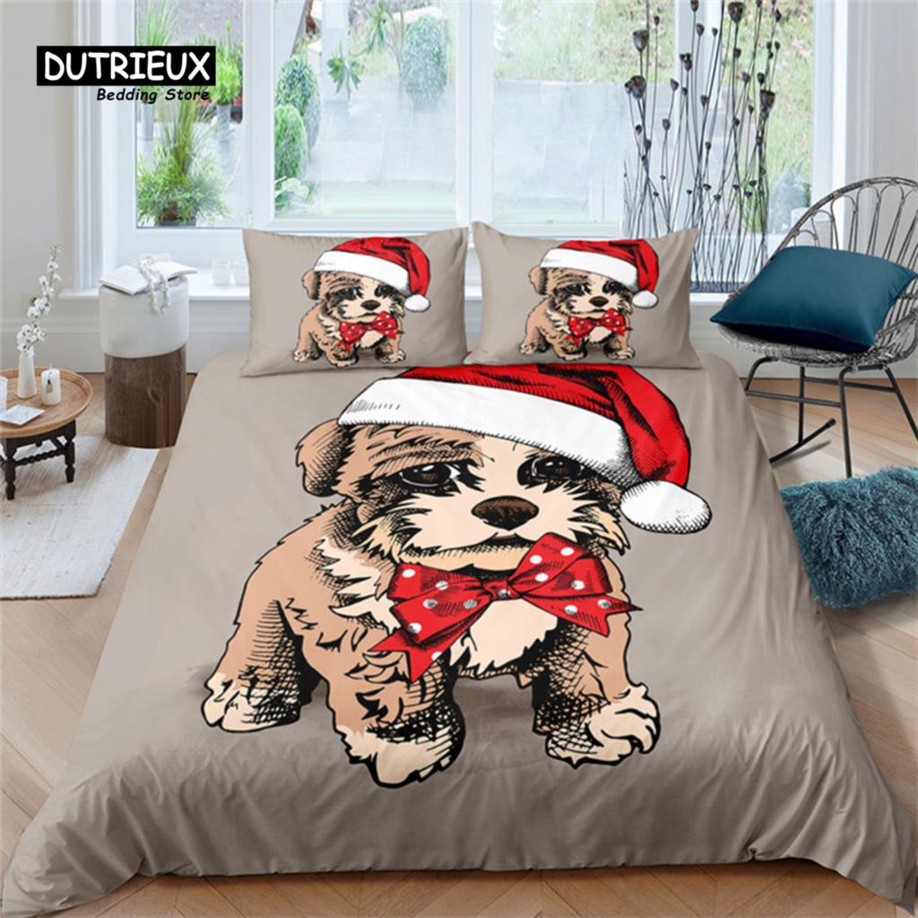 Cartoon Santa Claus Bedding Set King Queen Size Microfiber Christmas Dogs 3D Print Duvet Cover For Kids Pillowcases Home Textile