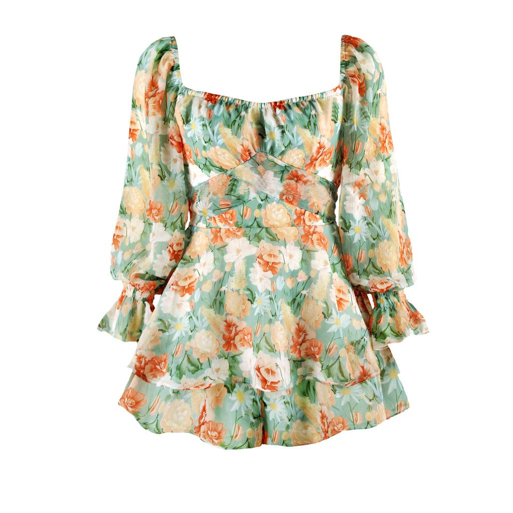 Fragmented Digital Printed Women's Collar, Zipper Strap, Long Sleeved Jumpsuit, European And American Fashion Shorts