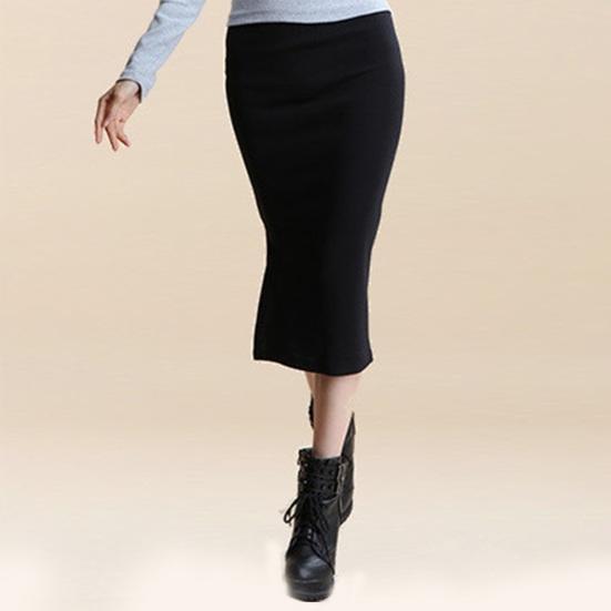 Women Midi Skirt Mid-rise Back Split Design Solid Color Knitting Skirt Hip Wrapped Office Lady Skirt Workwear