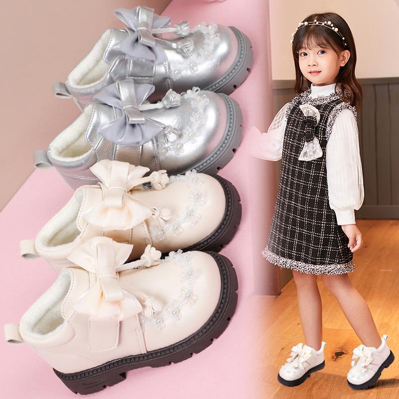 Girls princess short boots 2025 new winter girls velvet warm cotton shoes fashion bow two cotton Martin boots