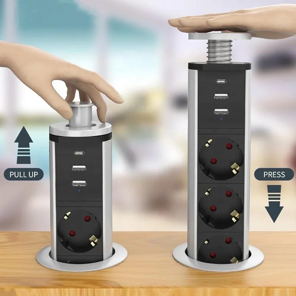 Melery Type-C Pop Up Sockets Germany Power Strip Desktop Hidden EU Plug 3 Outlets Switch Phones Kitchen Office Extension Cord