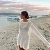 Damen Cover-Up Bikini Strickware: Ausgeschnittenes Langarm-Strand-Sonnenschutzkleid