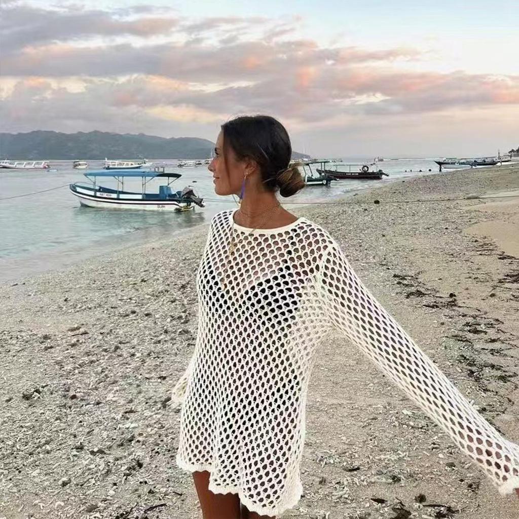 Damen Cover-Up Bikini Strickware: Ausgeschnittenes Langarm-Strand-Sonnenschutzkleid