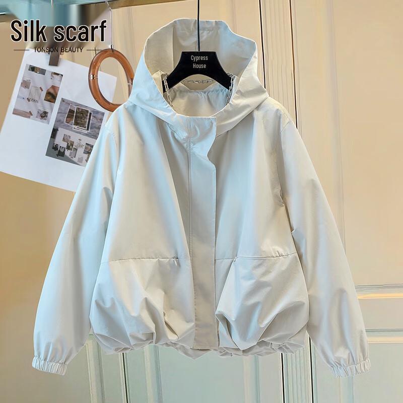 

Women s Solid Color Loose Hooded Windbreaker Jacket L