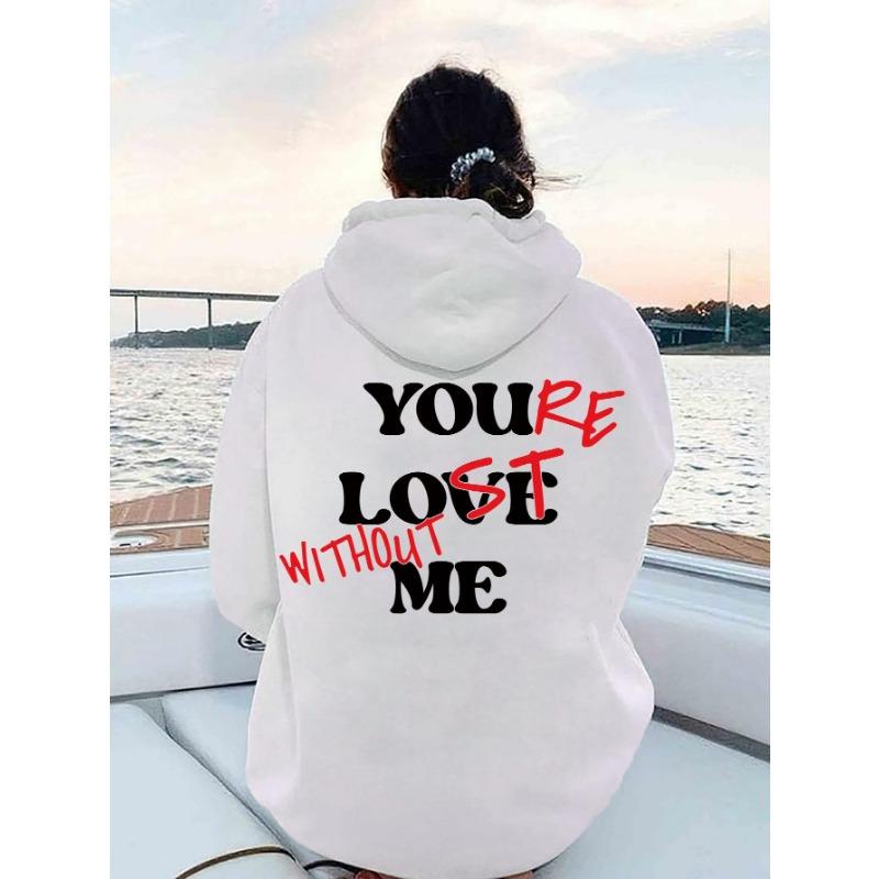 Women'S Fleece Shoulder Sleeve Sweater Plain Letter Print Kangaroo Pocket Drawstring Print Hoodie