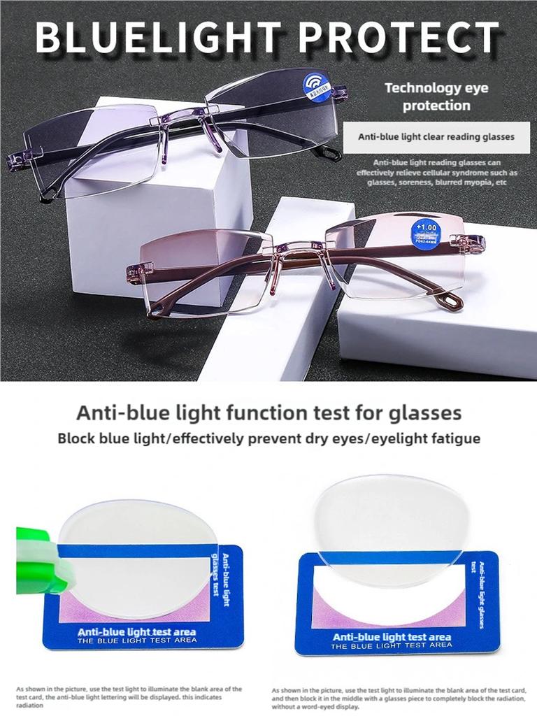 2 Pair New Men Women Rimless Reading Glasses Anti Blue Light Bifocal Far Near Magnification Eyewear Presbyopic Glasses +150 +200
