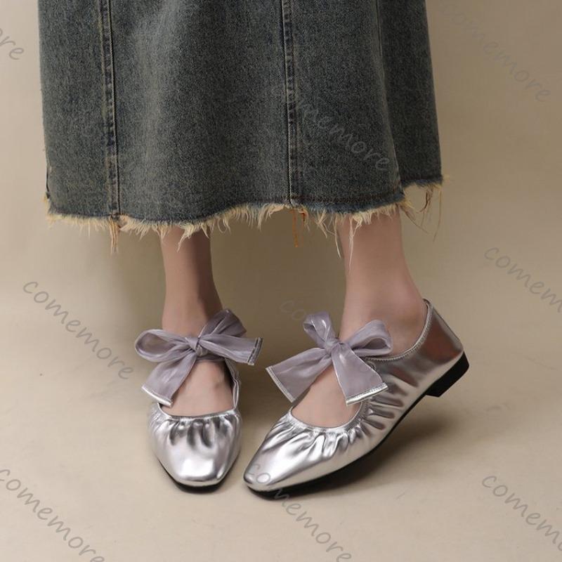 Comemore Silver Ballet Flat Shoes Temperament Shallow Mouth Lace Up Casual Mary Jane Shoe Women Spring Autumn Soft Leather Flats