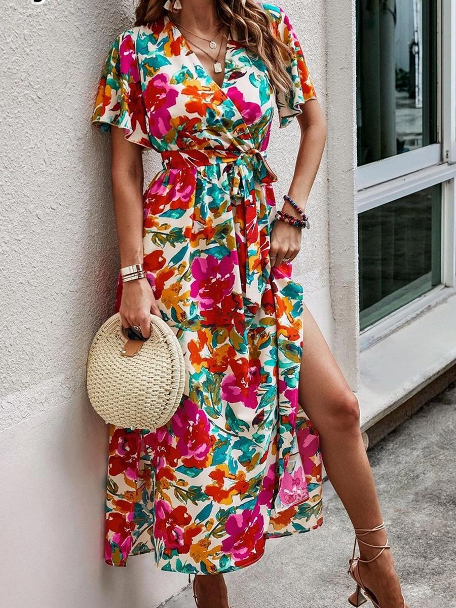 Women s Printed Short Sleeve Dress Holiday V-Neck Waist Long Dress S белый