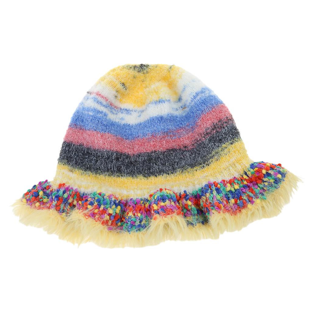 Handmade Knit Striped Bucket Hat for Woman Weaving Striped Plush Floppy Bucket Hat Adult Teens Winter Fisherman Cap
