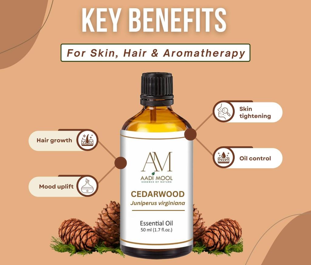 Aadi Mool Cedarwood Essential Oil | Pure & Natural Cedarwood Oil for Aromatherapy, Diffuser, Hair Care, Massage, Meditation & DIY Beauty | Warm W