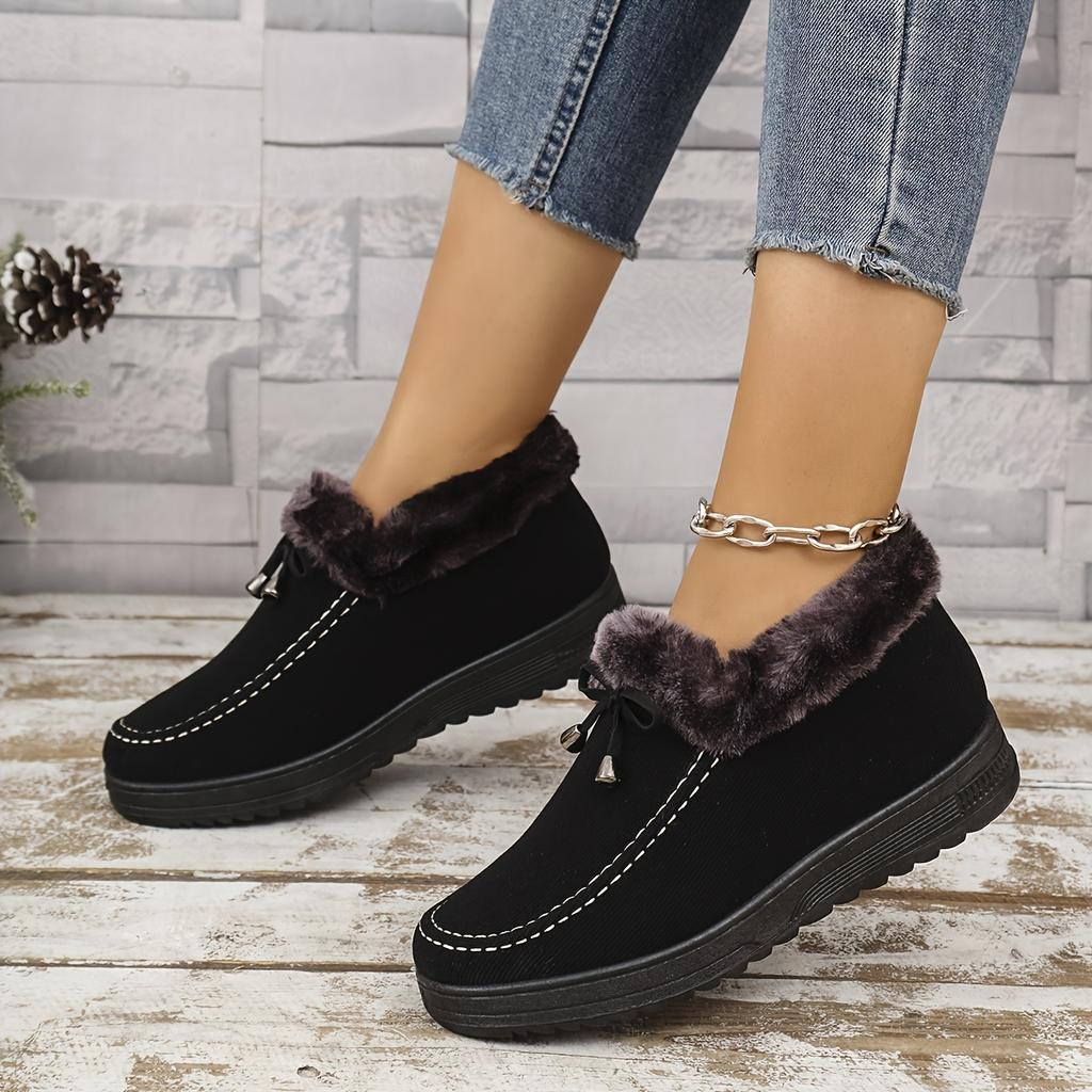 Women's Winter Plush-Lined Slip-On Boots with Faux Fur Collar Decorative Bells - High Quality Anti-Slip PU Sole, Soft Fabric Upper