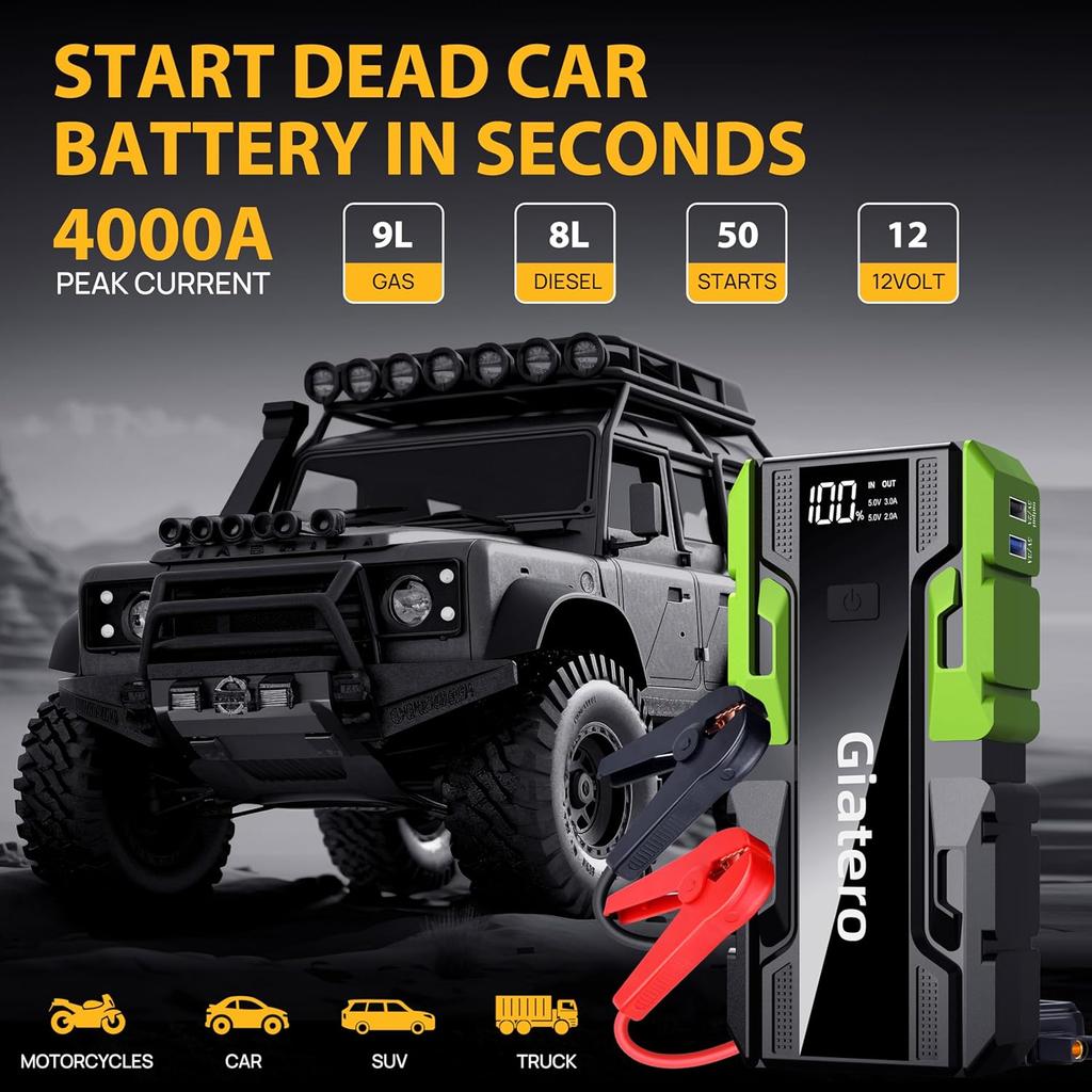 4000A Auto Starthilfe, 12V Tragbarer Akku mit LED-Anzeige, USB & Typ-C, LED-Licht