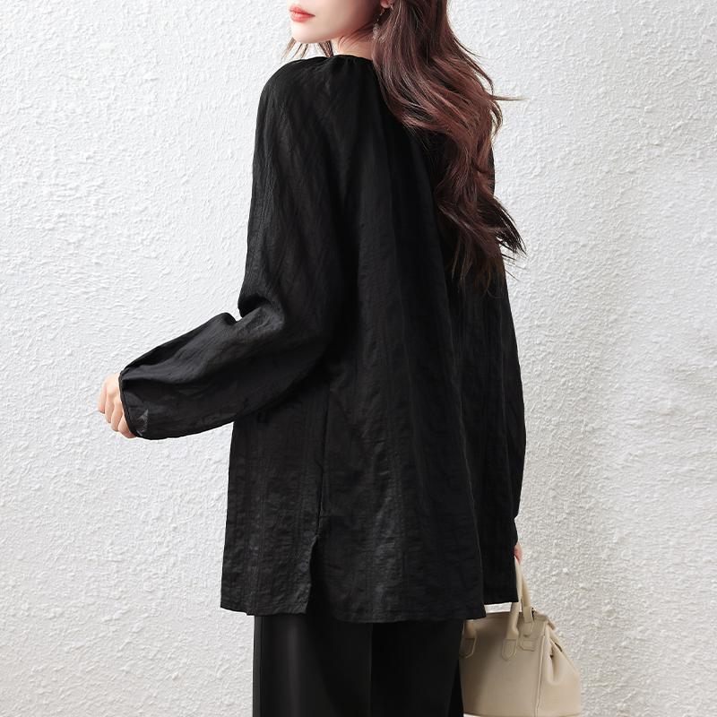 Elegant Plus Size Black Blouse for Women In Loose New Chinese Style with Long Sleeves