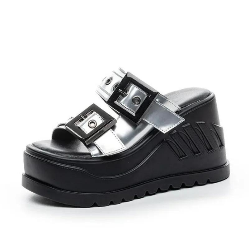Fashion 10CM New Women's Summer Outdoor Beach Wedge Heel Thick Bottom Slip-On Slippers High Heels Buckle Shoes 2025 Ladies Flat Sandals