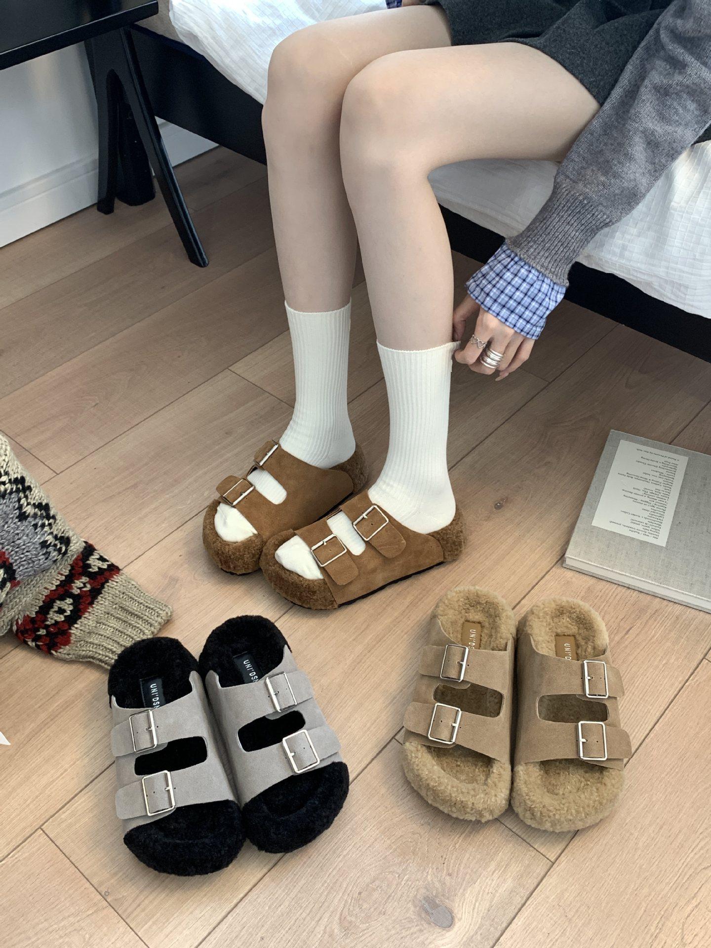 

2025 autumn and winter lamb wool one-word slippers women wear thick-soled heightening Birkenstock wool shoes 39 верблюд