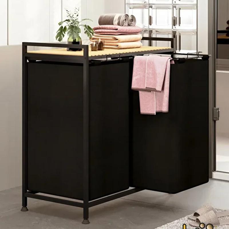 

Кошик для білизни з 2 відділеннями, Великий тканинний сортувальник для ванної кімнати та шафи, Високий кошик для брудного одягу з двома відділеннями 80 Lt чорний