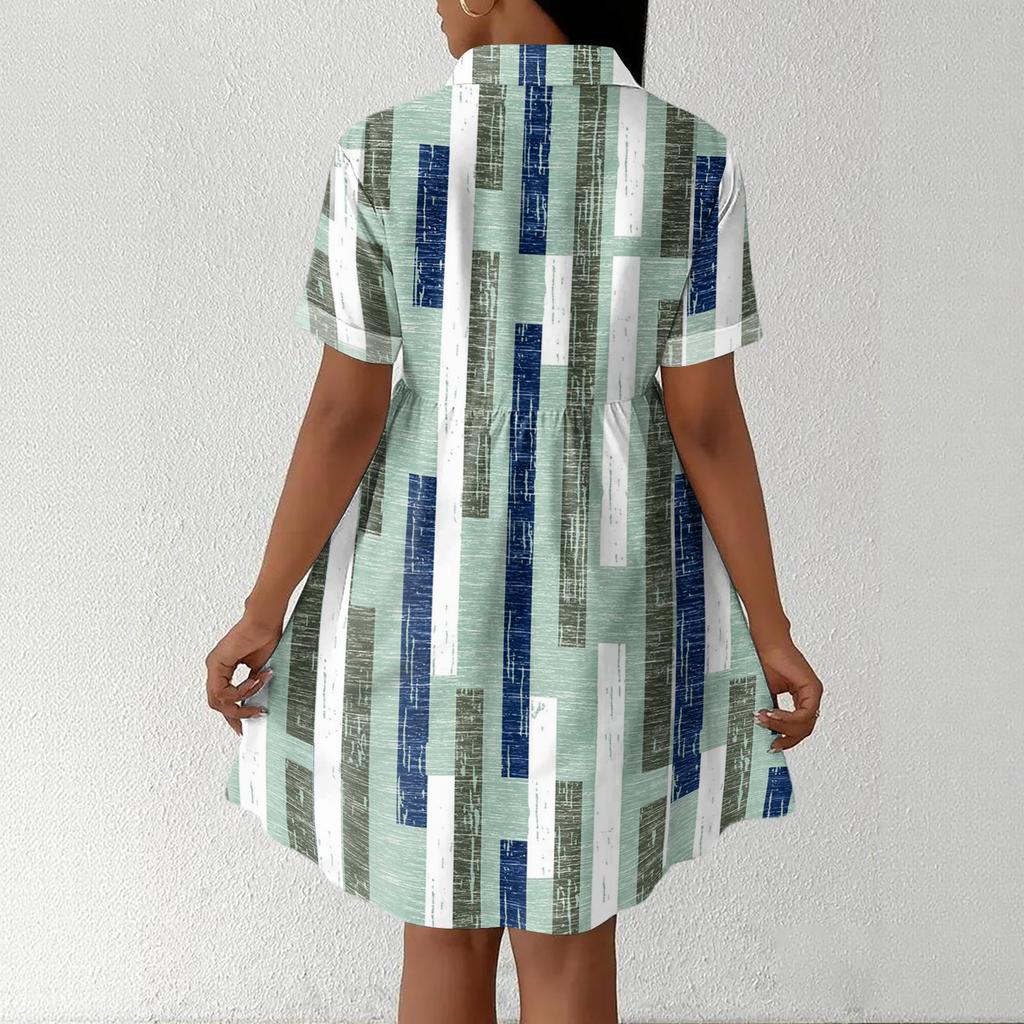 Women's Casual Loose Fit Shirt Dress Button Front Stand Collar Short Sleeve Polka Dot Patterned Dress for Everyday Wear