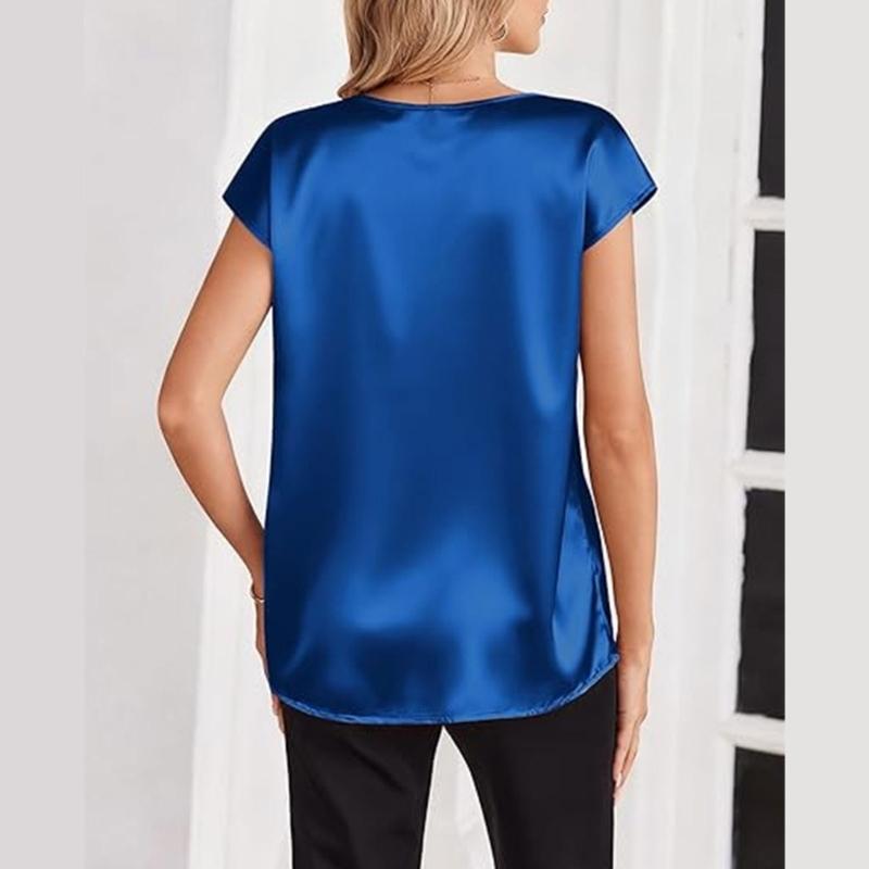 Damen Oberteile Mode Lässig V-Ausschnitt Kurzarm Bluse Business Lässige Oberteile Satin Seide Sommerhemd Arbeits Tuniken Oberteile