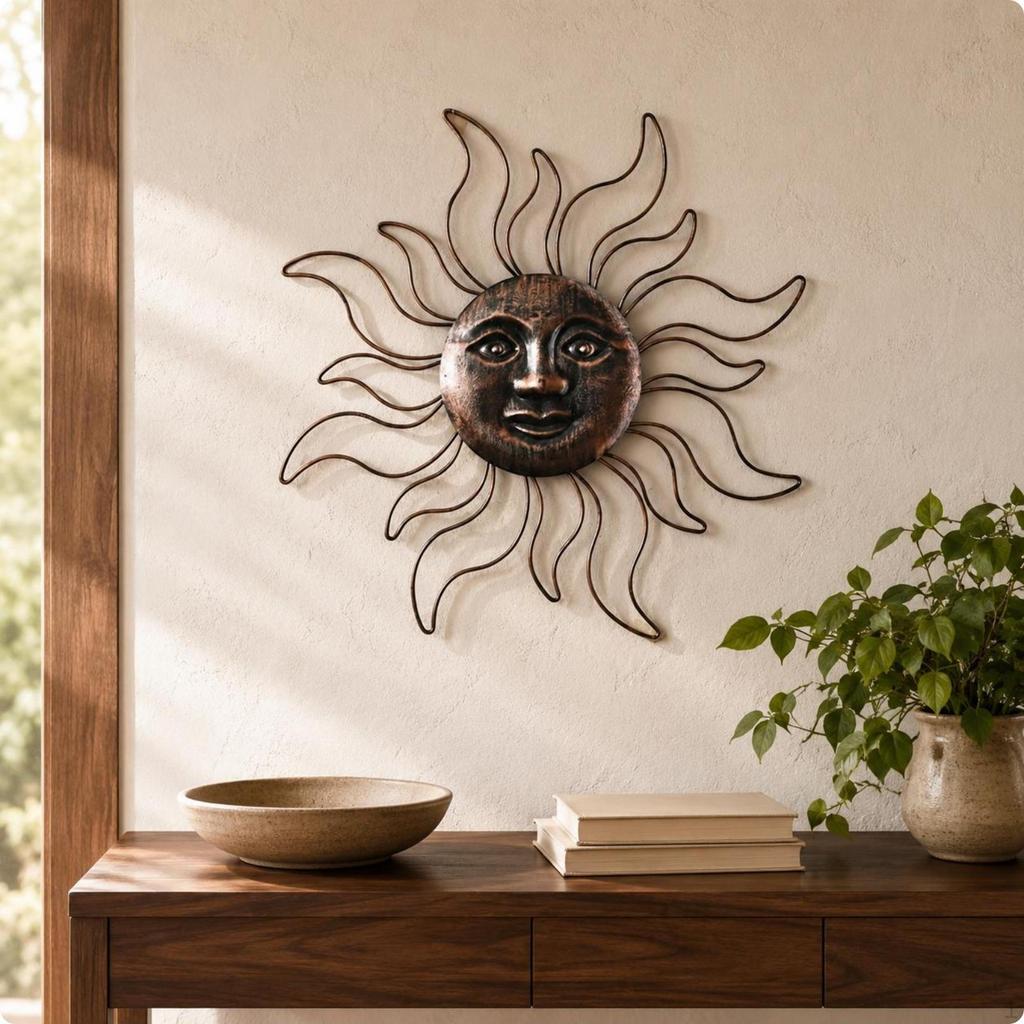 Art Mural Soleil Rayonnant Ornement Plat en Métal Suspendu Décoration de Maison pour Salon, Entrée,