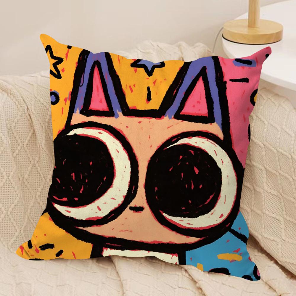 Art Dopamine Doodle Cat Cushion Cover Silky Short Plush Invisible Zipper Dustproof Sofa Pillow Case For Home Decor