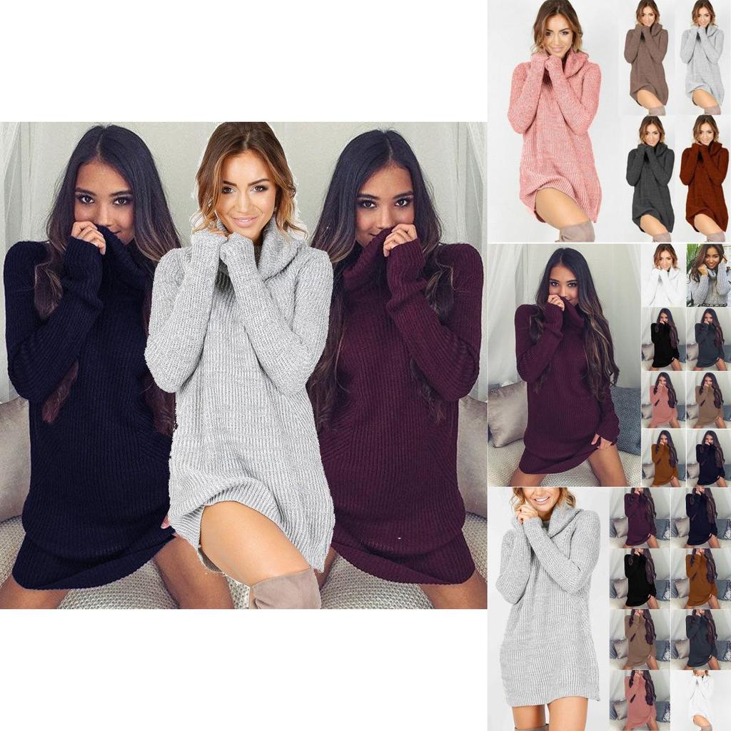 Elegant Women's Warm Knitted Jumper Mini Dress With High Neck Chunky Sweater Top