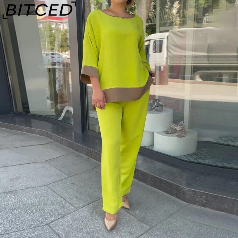 

BITCED Жіночий повсякденний комплект великого розміру вільного крою, що складається з топа з круглим вирізом, сорочки та штанів прямого крою L жовтий