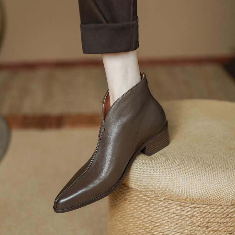 2024 Women Ankle Boots Autumn Winter Basic Genuine Leather Shoes Woman Thick Heels Office Lady Working Short Boots Women Shoes