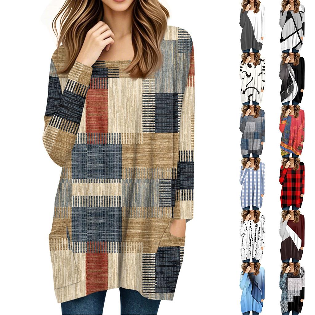 Womens Tops Square Collar Long Sleeve Blouses Casual Mid-length Shirts Fashion Print Tunic Tops With Pockets