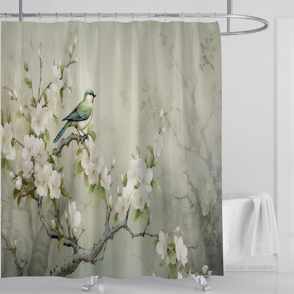 Chinese Style Flower and Birds Tree Shower Curtains Crane Pattern Bath Curtain Waterproof Bathroom Decor With Hooks 3d Printing
