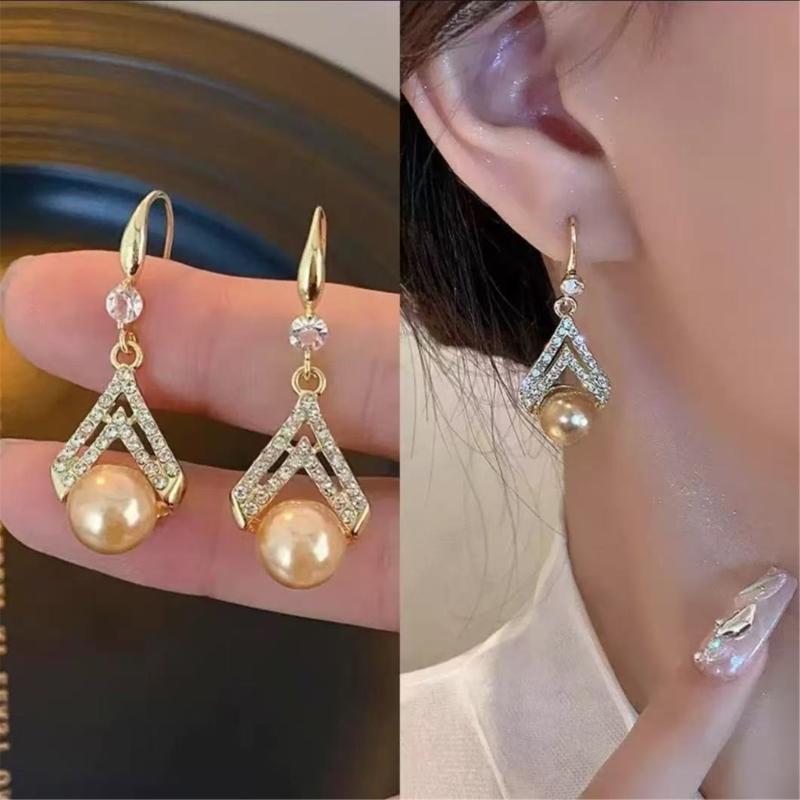 Orecchini Pendenti Geometrici con Accenti di Cristallo e Perle Finte Orecchini a Goccia Scintillanti Texture in Lega per l'Uso Quotidiano