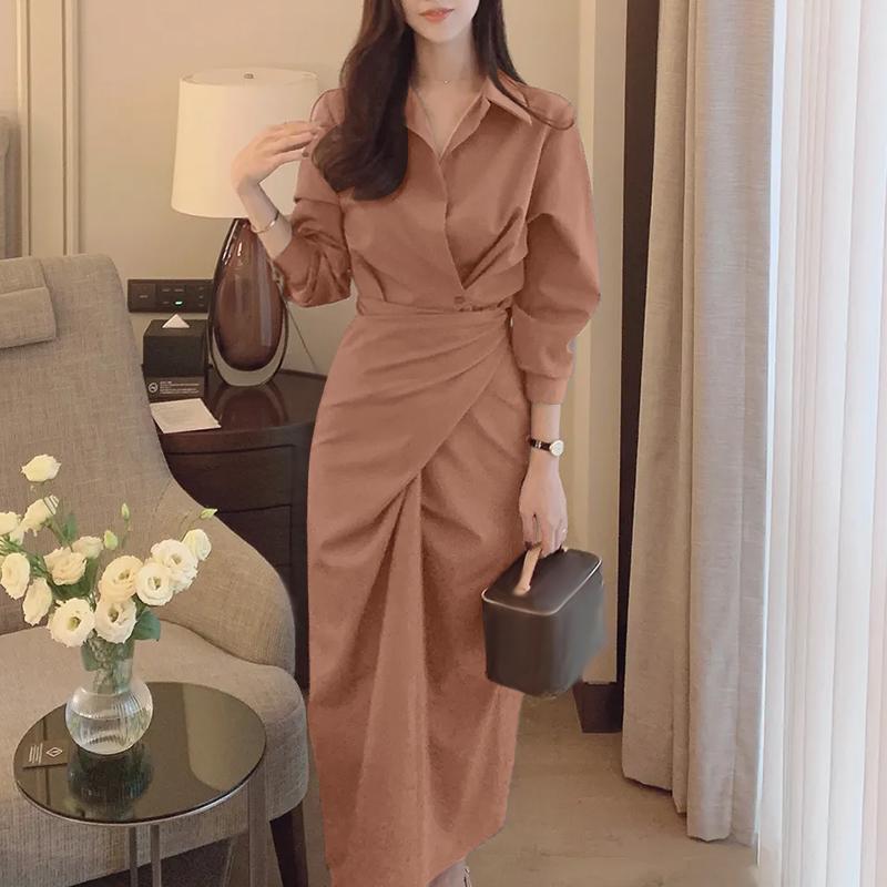 ZANZEA Women Casual Turn Down Collar Elegant Long Sleeve Long Dress