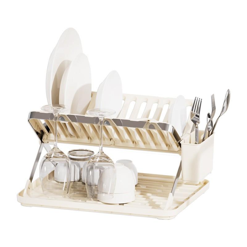 Stainless Steel Double-Layer Kitchen Dish Rack With Drainage Cutlery Cups Plates Bowls Modern Countertop Organizer