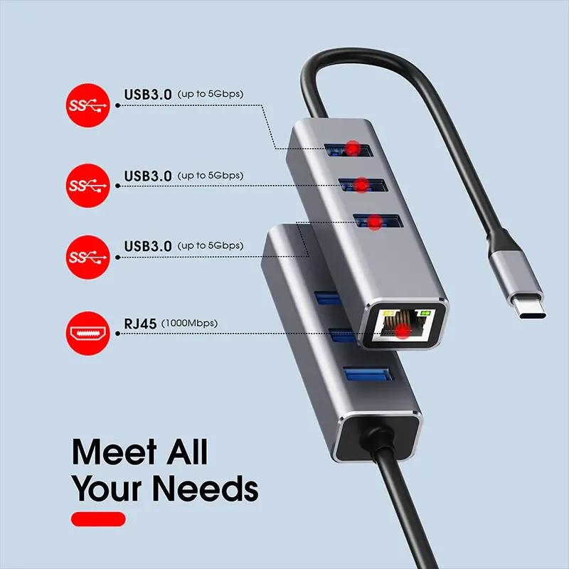 4 in 1 USB C HUB 3 Port USB 3.0 Splitter LAN RJ45 1000Mbps Network Adapter Gigabit Ethernet Hub Extender for PC Mac Windows