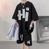 Casual Men's Summer T-Shirt Shorts Two-Piece Set Loose Fit Hong Kong Style Printed Plus Size Sportswear