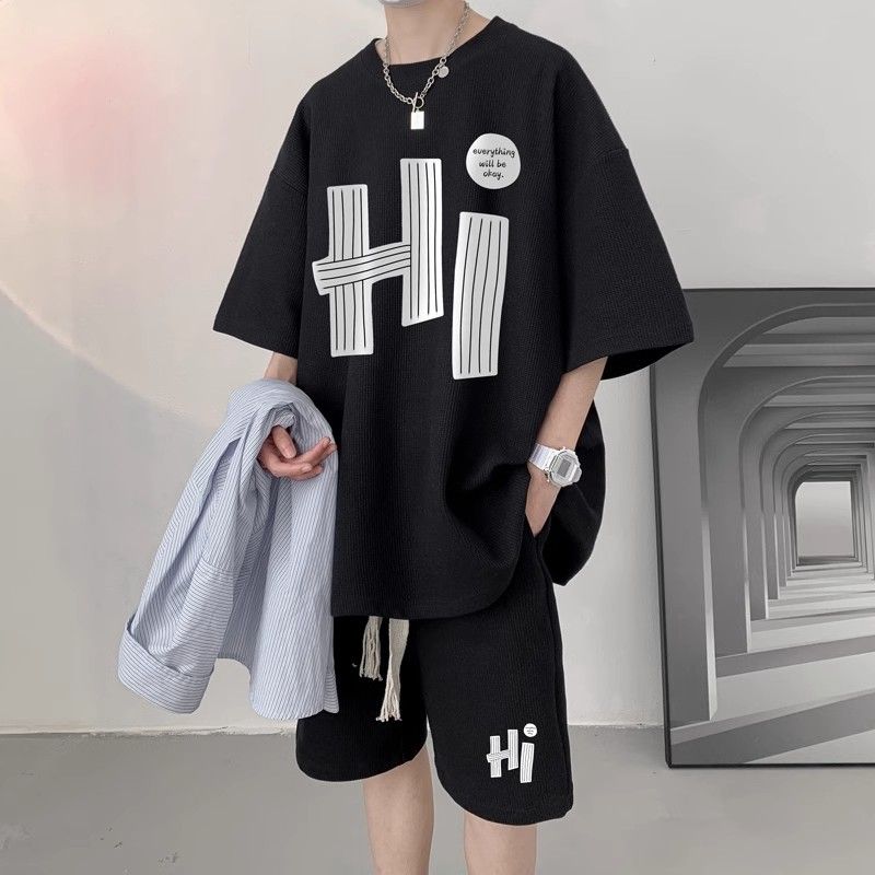 Casual Men's Summer T-Shirt Shorts Two-Piece Set Loose Fit Hong Kong Style Printed Plus Size Sportswear