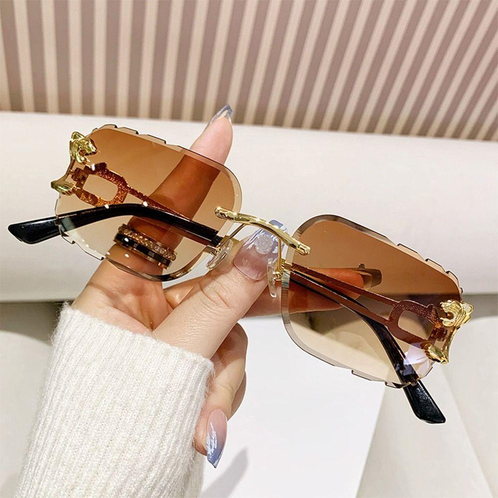 Vintage Rimless Cut Edge Sunglasses Metal Temples UV400 Cheetah Design Sunglasses Rectangle Sun Glasses for Women & Men