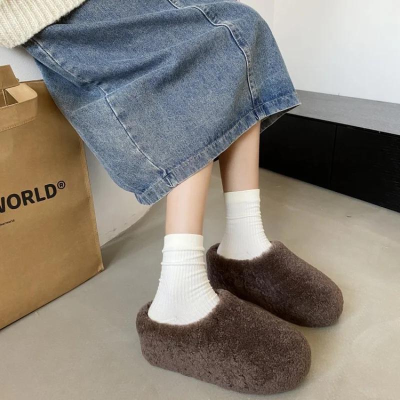 Women Winter Thick Sole Warm Fluffy Slippers Fashion Cozy Indoor House Slides Woman Increase Non Slip Plush Warm Cotton Slippers